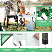 Load image into Gallery viewer, Table de Pêche Pliante avec Robinet Rotatif 360° Table Camping Portable pour Nettoyage Poisson en Acier&amp;HDPE avec Évier et Support de Grille Charge 150KG -
