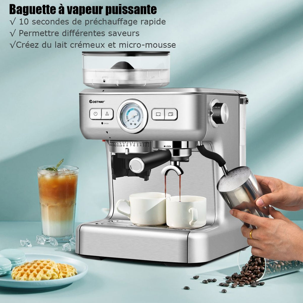 Machine à Café Automatique avec Broyeur à Grains 1350W 30 Niveaux de Poudre de Café Réglables Température Réglable -