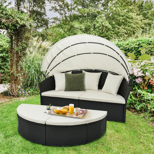 Lit Canapé de Jardin Rond en Rotin PE Auvent Rétractable Coussins et Oreillers Amovibles Salon de Jardin Modulable Blanc -