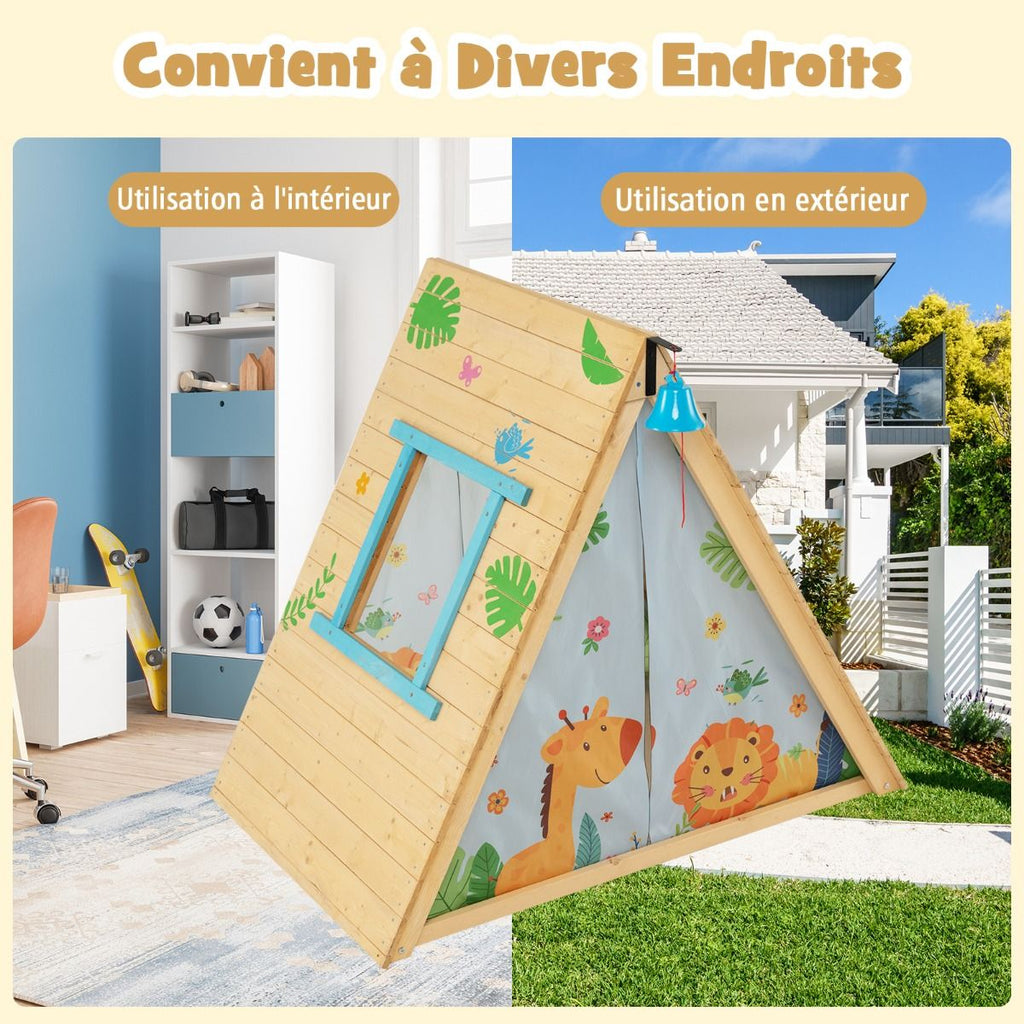 Maison de Jardin Enfants 2 en 1 avec Escalade Cloche Impermable Cabane en Bois de Sapin Exterieur et Intrieur 3-8 Ans -