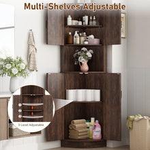 Load image into Gallery viewer, Chvans Farmhouse 68" Tall Corner Cabinet W/4 Barn Doors, 5 Tier Bookcase Storage Cabinet with Adjustable Shelves, Corner Storage Cabinet for Bathroom, Living Room, Kitchen, Brown