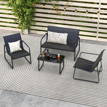 Load image into Gallery viewer, Salon de Jardin 4 Pices avec 2 Chaises Table en Verre Tremp et Causeuse Meuble Extrieur en Tissu Respirant Cadre Mtallique Noir -