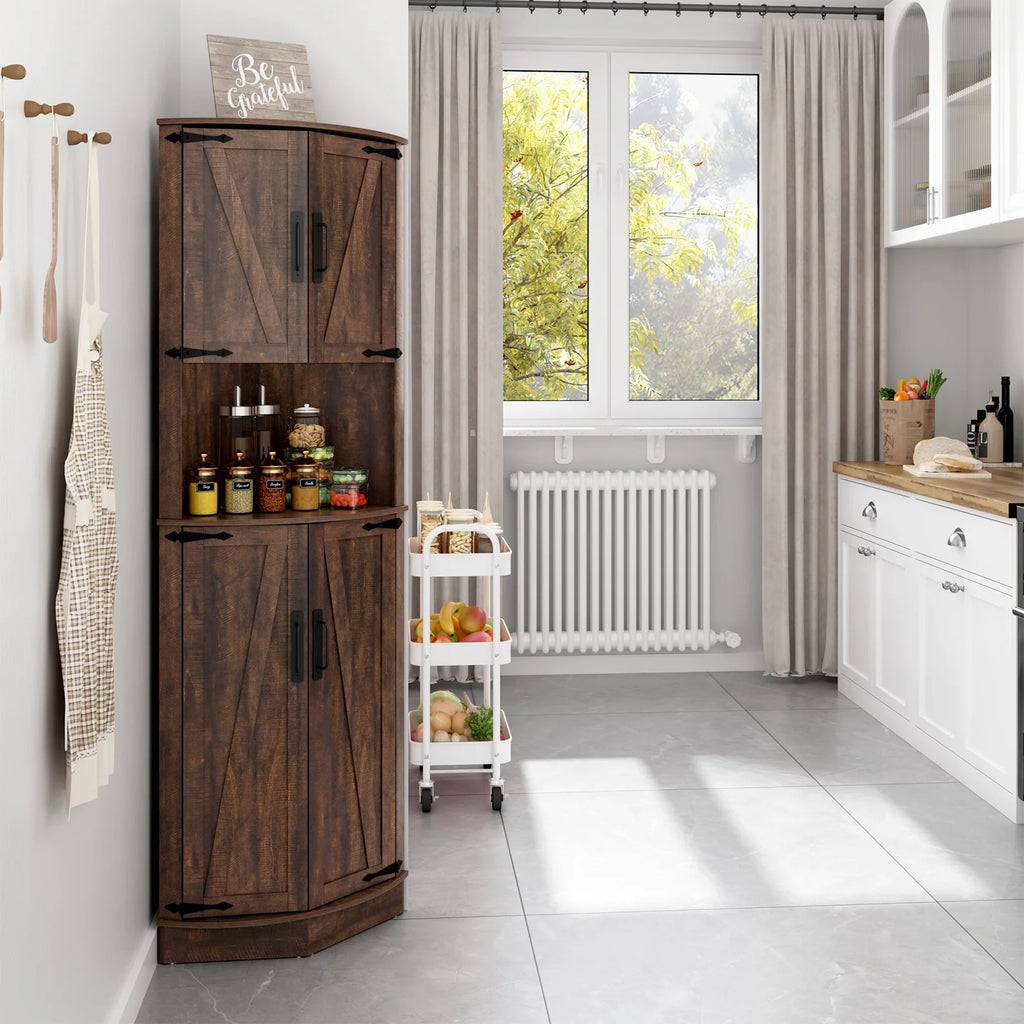 Chvans Farmhouse 68" Tall Corner Cabinet W/4 Barn Doors, 5 Tier Bookcase Storage Cabinet with Adjustable Shelves, Corner Storage Cabinet for Bathroom, Living Room, Kitchen, Brown