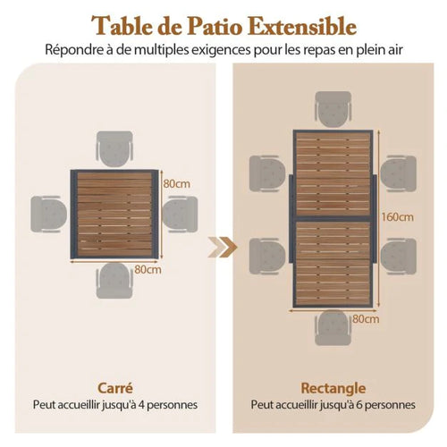 Table de jardin extensible en aluminium ajustable de 80 à 160 cm table à manger extérieure rectangulaire pour 4-6 personnes naturel 20_0009421 -