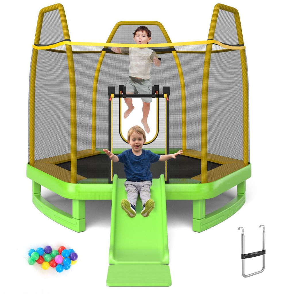 Trampoline Extérieur Ø 223cm avec Toboggan&Echelle avec Filet de Sécurité 2 Portes en U Charge 270kg pour 2-3 Enfants de 3 Ans+ Bleu/Vert -