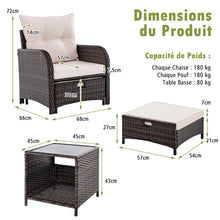 Load image into Gallery viewer, Meubles de Patio 5 Pices Ensemble de Canap d'Extrieur en Rotin avec 2 Chaises 2 Poufs et 1 Table Basse Coussins Doux Plateau en Verre Tremp Beige -