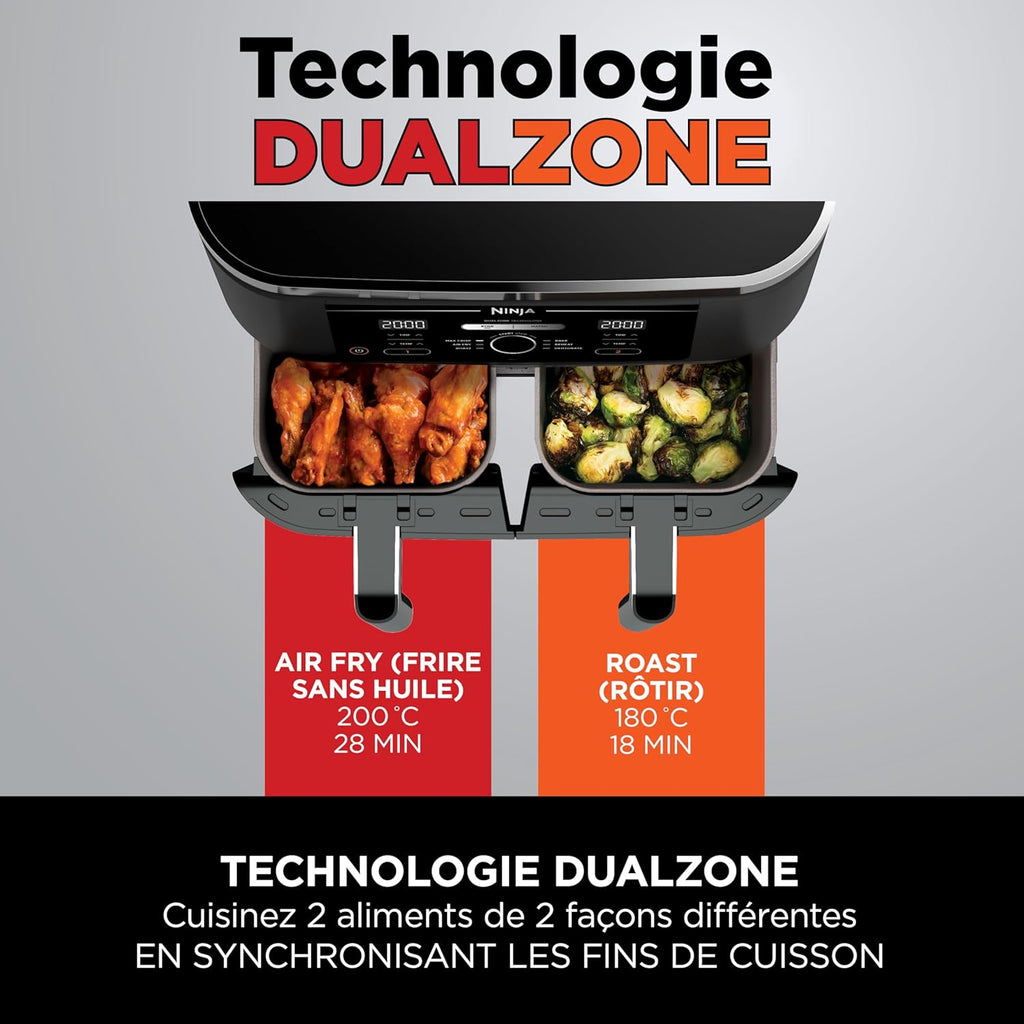 Foodi FlexDrawer Air Fryer,Dual Zone Avec Sparateur Amovible,Grand Tiroir de 10,4 L,7-en-1,Double Zone,Sans Huile,Pices Antiadhsives Compatibles Au Lave-Vaisselle,Noir AF500EU
