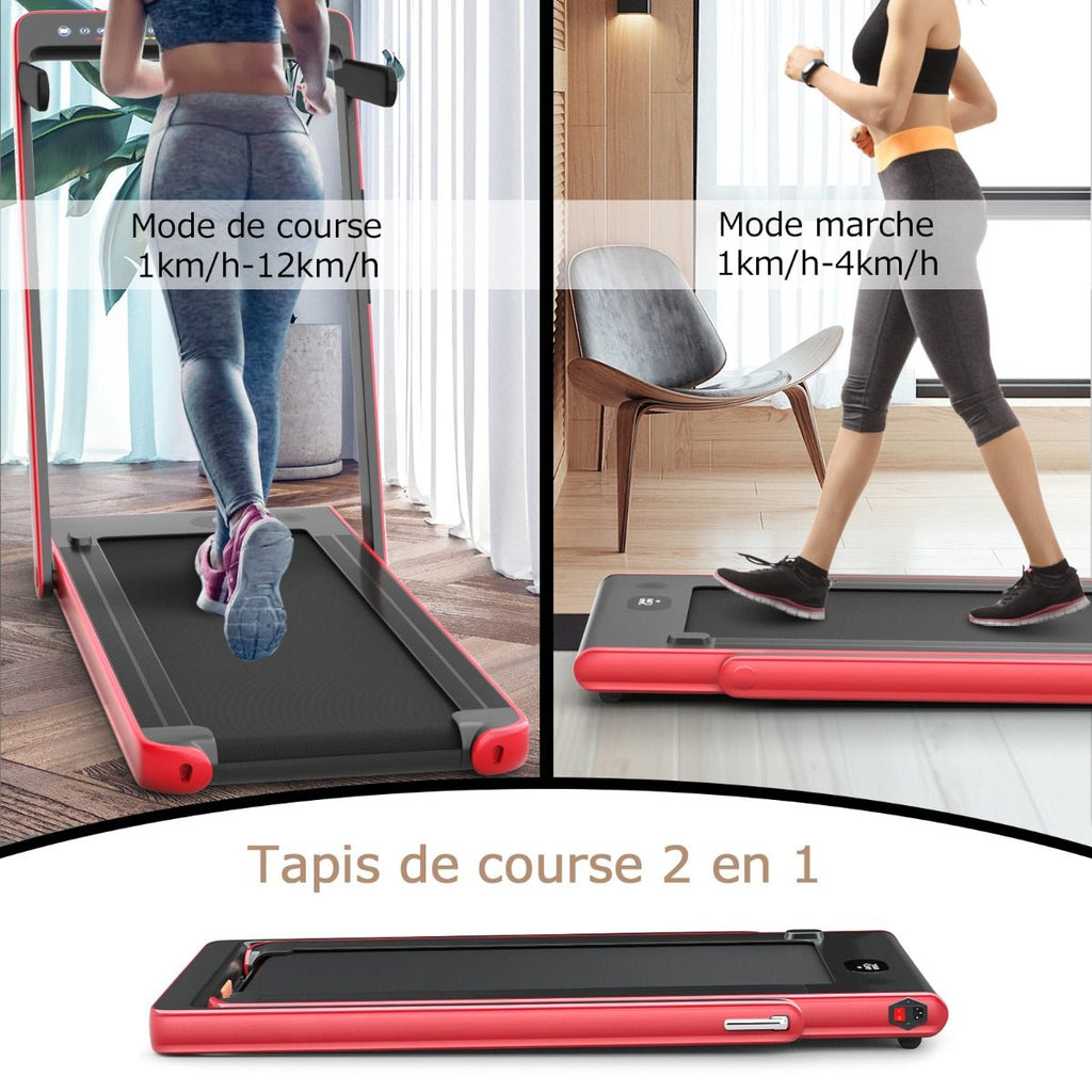 Tapis de Course Pliable 0,75HP Double Affichage LED APP et Télécommande Vitesse Motorisé 12 km/h Surface 40x100cm Rouge -