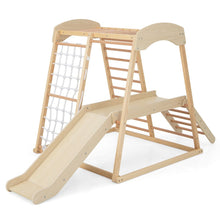 Load image into Gallery viewer, Triangle d'Escalade 6 en 1 en Bois avec Toboggan et Filet Barre pour Grimper Ramper et Glisser 1 An+ Coloré/Naturel -