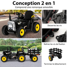Load image into Gallery viewer, Tracteur Electrique avec Remorque pour Enfants 3 Vitesses Lumières LED Fonctions o USB et Bluetooth Jaune/Rose/Rouge/Vert/Vert Foncé/Noir -