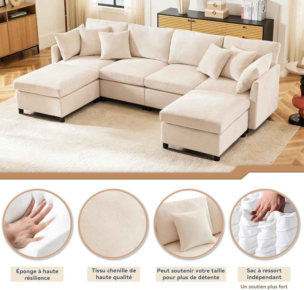 Seyakany Canapé d'angle Convertible,canapé Convertible 4 Places,en Tissu Chenille avec Repose-Pieds Amovible,canapé Quatre Places en L en U,adapté à la Maison,au Salon,à l'appartement