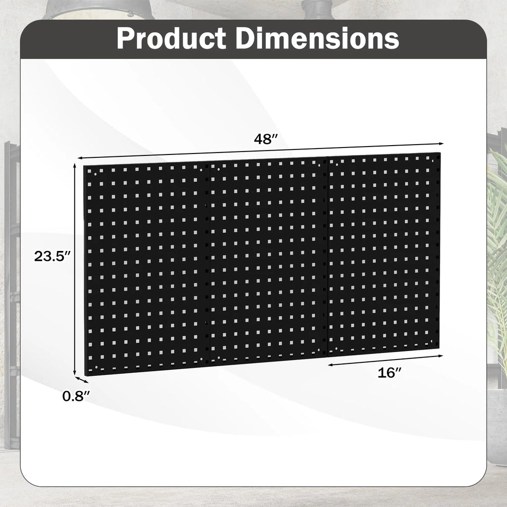 3 Pcs Metal Pegboard Panels w/25 Hooks, Storage Platform & Square Hole, Heavy Duty Pegboard Wall Organizer, Peg Board for Workshop Tool Storage