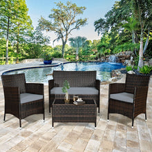 Load image into Gallery viewer, Salon de Jardin 4 PCS Mobilier de Terrasse en Rotin PE pour Véranda Patio Terrasse Piscine Marron et Gris -