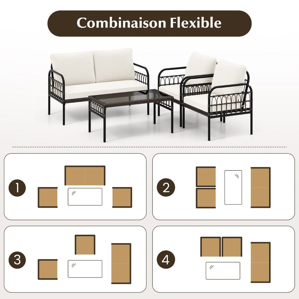 Meubles de Patio 4 Pièces en Rotin Charge 180-360KG avec Chaises Causeuse Coussins et Table Basse en Verre Trempé pour Balcon Blanc -