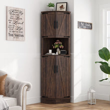 Load image into Gallery viewer, Chvans Farmhouse 68" Tall Corner Cabinet W/4 Barn Doors, 5 Tier Bookcase Storage Cabinet with Adjustable Shelves, Corner Storage Cabinet for Bathroom, Living Room, Kitchen, Brown