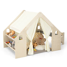 Load image into Gallery viewer, Tente de Jeu d'Intérieur en Bois pour Enfants 6 en 1 Tableau Noir Table Chaise 6 Bacs de Rangement Coussin de Sol Maison de Jeu pour 2-6 ans Beige -