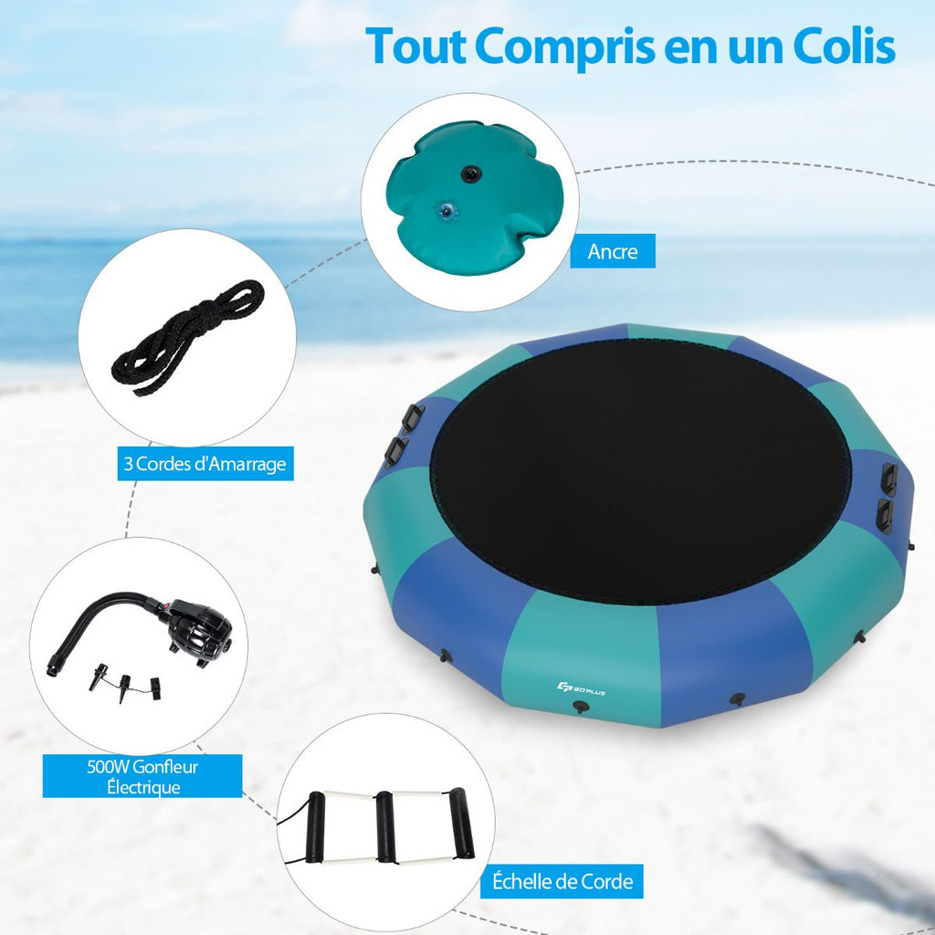 Trampoline Aquatique Gonflable Dia.457cm Capacit de 150kg avec Kit de Rparation Echelle et Gonfleur Electrique 500w Bleu -