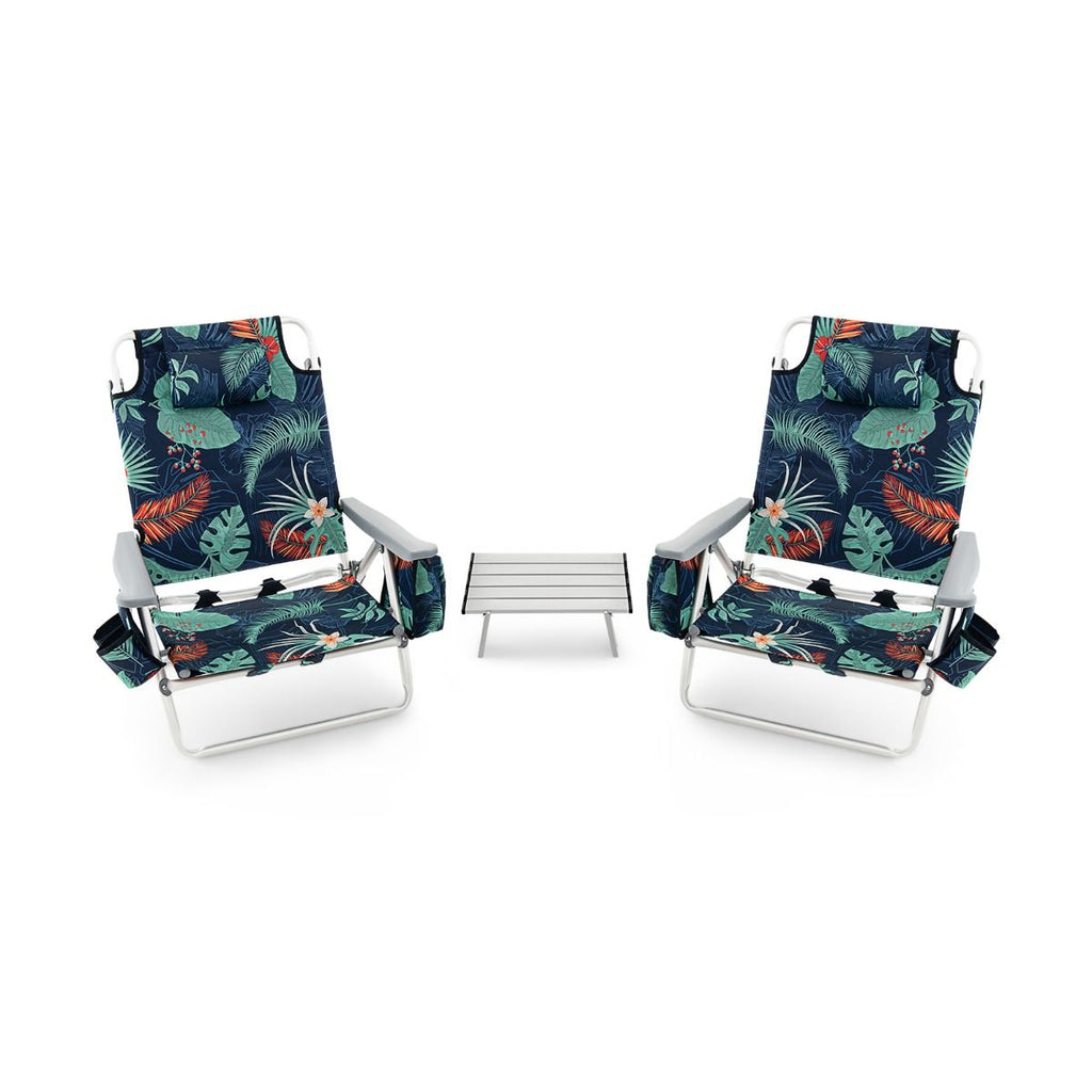 Lot de 2 Chaises de Camping Plage Pliante Table Enroulable en Aluminium Appui-tête Dossier Réglable à 5 Positions 6 Couleurs au Choix -