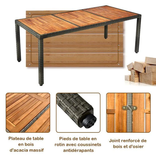Salon de jardin avec 1 table et 8 chaises en bois et rotin anti-uv pieds réglables et coussins imperméables inclus 20_0009211 -