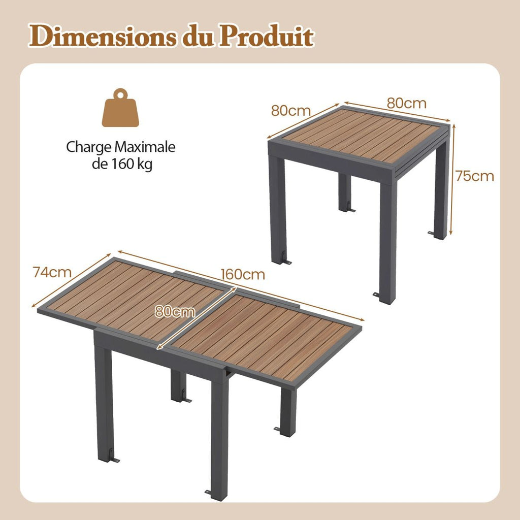 Table de Jardin Extensible en Aluminium Ajustable de 80  160 CM Table  Manger Extrieure Rectangulaire pour 4-6 Personnes Naturel -