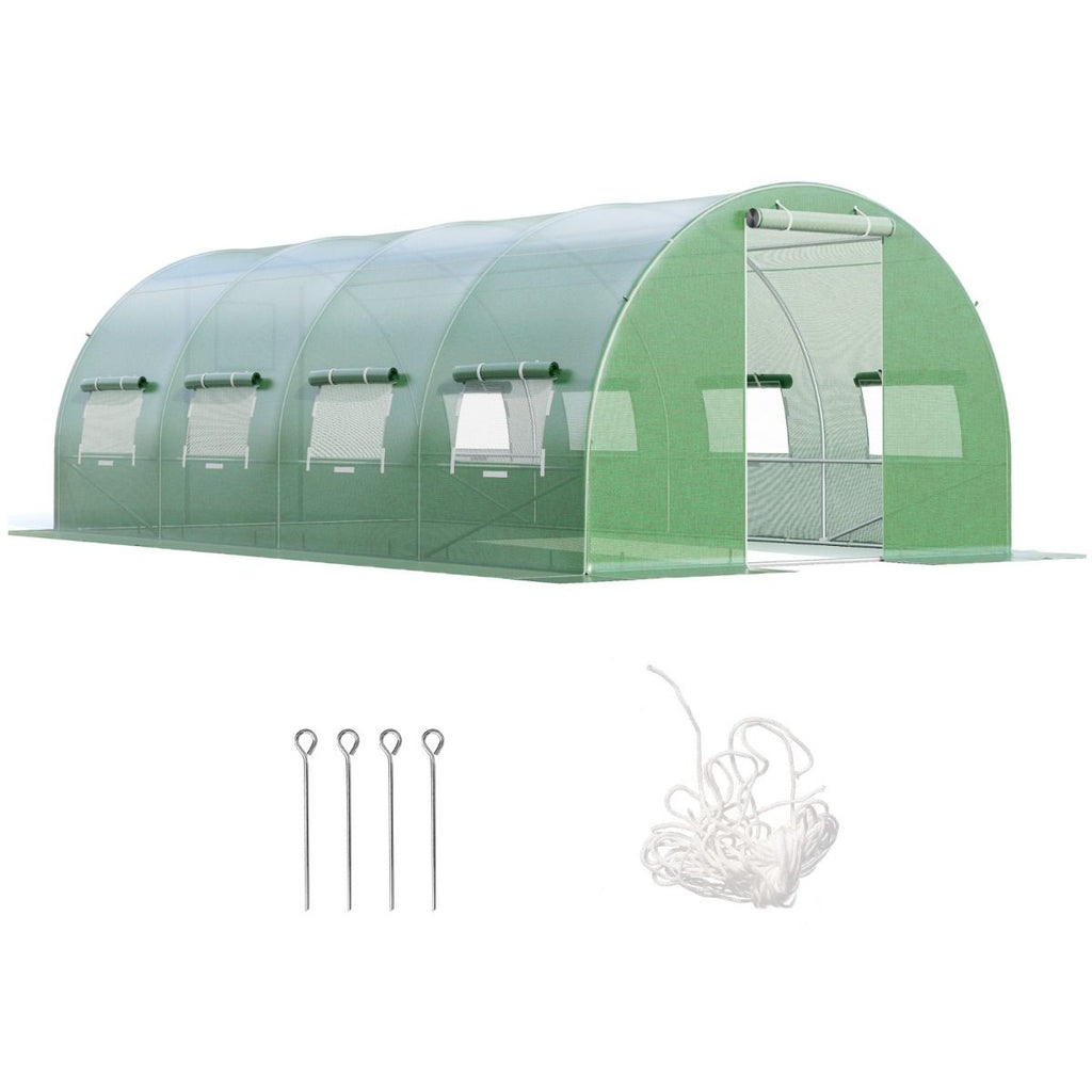 Serre de Jardin Tunnel Cadre en Acier Galvanisé Robuste Serre Tunnel Coupe-vent avec Cerceau 8 Fenêtres Enroulables Vert -