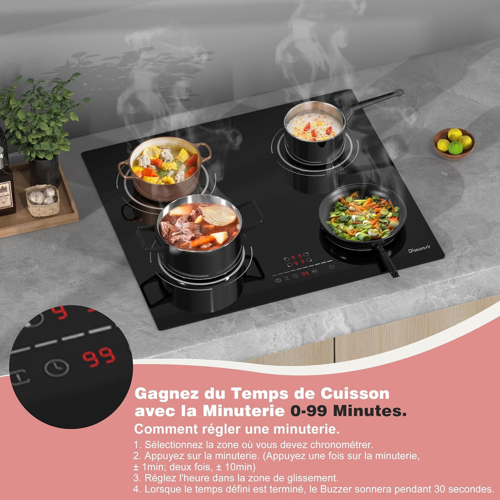 Plaque Induction 4 Feux Encastrable 6400W, Plaque de Cuisson Induction Zone Flexible, Plaque Electrique 60cm, Fonction Pause, 9 Niveaux, Controle tactile, Minuterie, Serrure pour Enfants