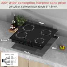 Load image into Gallery viewer, Plaque Induction 4 Feux Encastrable 6400W, Plaque de Cuisson Induction Zone Flexible, Plaque Electrique 60cm, Fonction Pause, 9 Niveaux, Controle tactile, Minuterie, Serrure pour Enfants