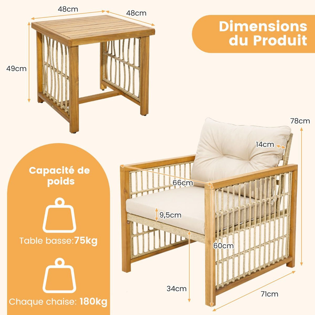 Salon de Jardin avec 1 Table et 2 Fauteuils en Bois d'Acacia et Rotin Anti-UV Pieds Réglables Coussins avec Zip Nautel -