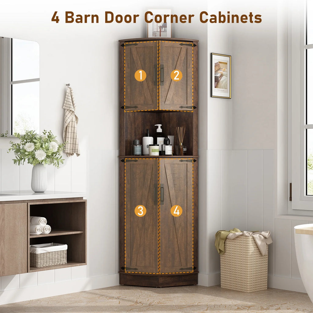 Chvans Farmhouse 68" Tall Corner Cabinet W/4 Barn Doors, 5 Tier Bookcase Storage Cabinet with Adjustable Shelves, Corner Storage Cabinet for Bathroom, Living Room, Kitchen, Brown