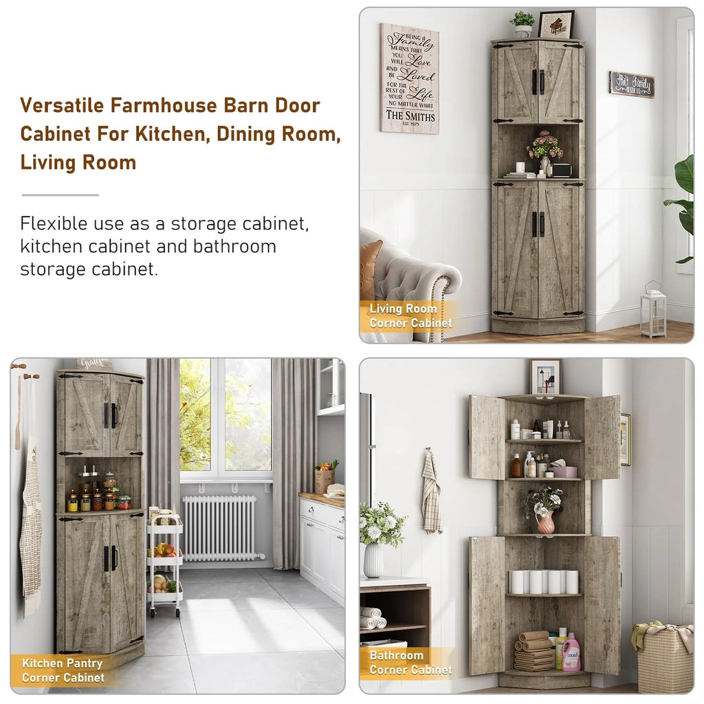 Chvans Farmhouse 68" Tall Corner Cabinet W/4 Barn Doors, 5 Tier Bookcase Storage Cabinet with Adjustable Shelves, Corner Storage Cabinet for Bathroom, Living Room, Kitchen, Brown