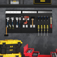 Load image into Gallery viewer, 3 Pcs Metal Pegboard Panels w/25 Hooks, Storage Platform &amp; Square Hole, Heavy Duty Pegboard Wall Organizer, Peg Board for Workshop Tool Storage