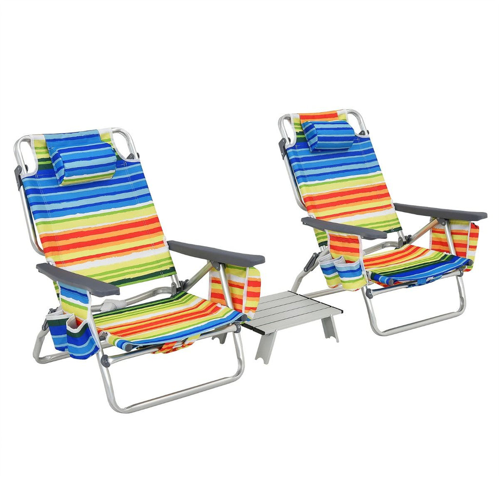 Lot de 2 Chaises de Camping Plage Pliante Table Enroulable en Aluminium Appui-tête Dossier Réglable à 5 Positions 6 Couleurs au Choix -