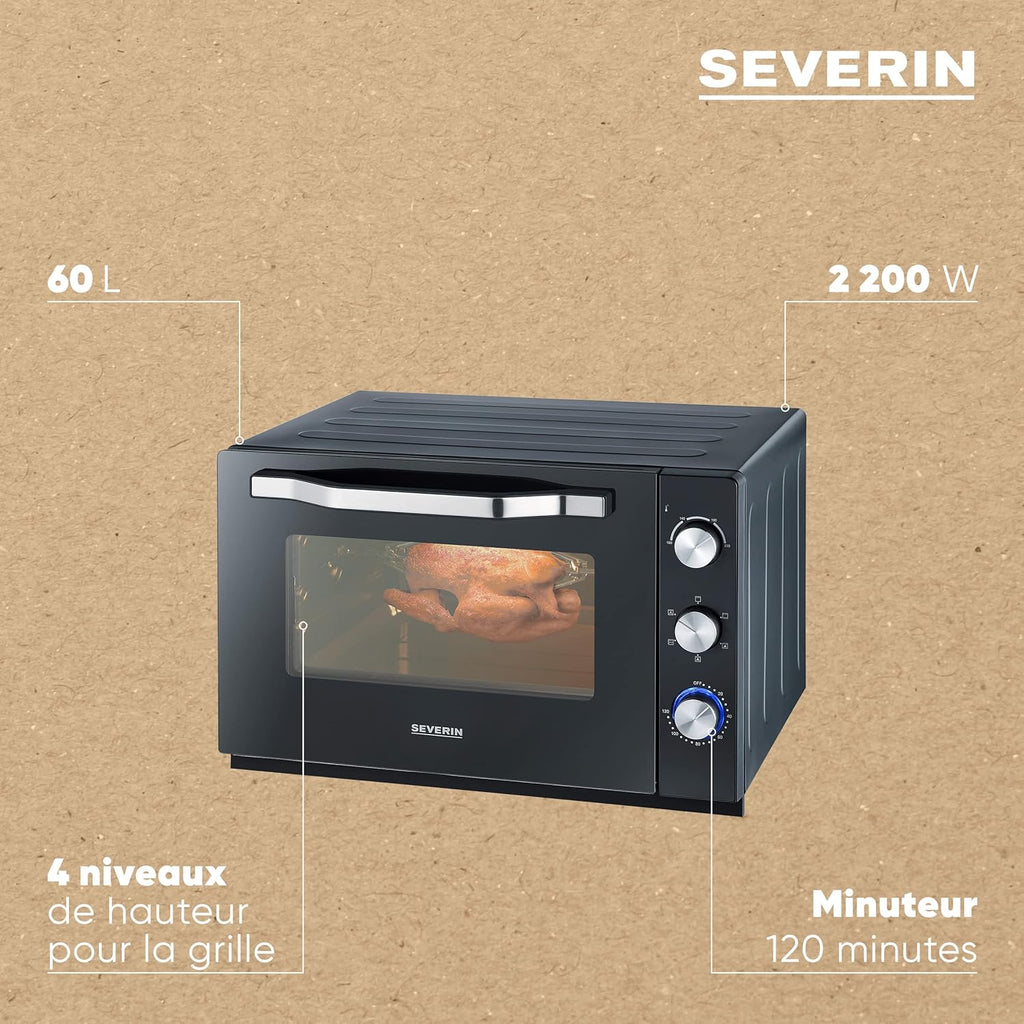 SEVERIN Four posable XXL à Chaleur Tournante 60 L avec pierre à pizza et tournebroche 2 200 W design simple et élégant, Four électrique avec minuteur 120 min, Noir/Inox, TO 2073