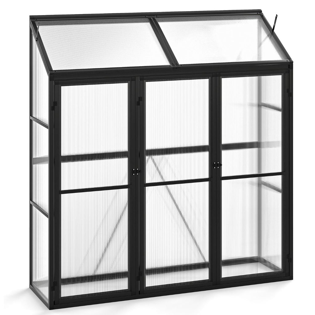 Serre de Jardin Extérieure en Aluminium Serre Mini Walk-in avec Lucarne et 3 Portes Fermables Plaques PC Résistantes au Soleil Noir -