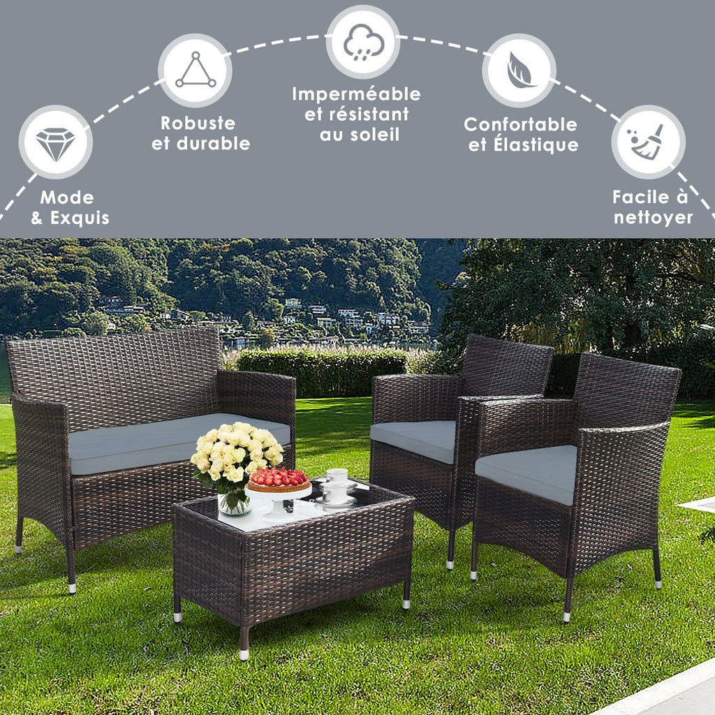 Salon de Jardin 4 PCS Mobilier de Terrasse en Rotin PE pour Vranda Patio Terrasse Piscine Marron et Gris -