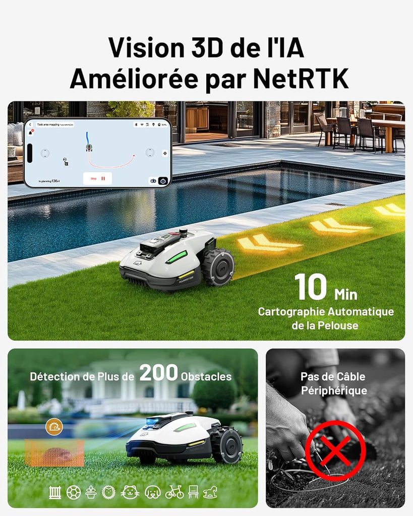 MAMMOTION YUKA Mini 500 Robot Tondeuse sans Fil Périphérique, NetRTK+Vision, Aucune Antenne RTK Requise, Recommandé 500 m², Pente à 50%, Cartographie Automatique, avec Module 4G