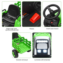 Load image into Gallery viewer, Tracteur Electrique avec Remorque pour Enfants 3 Vitesses Lumières LED Fonctions o USB et Bluetooth Jaune/Rose/Rouge/Vert/Vert Foncé/Noir -