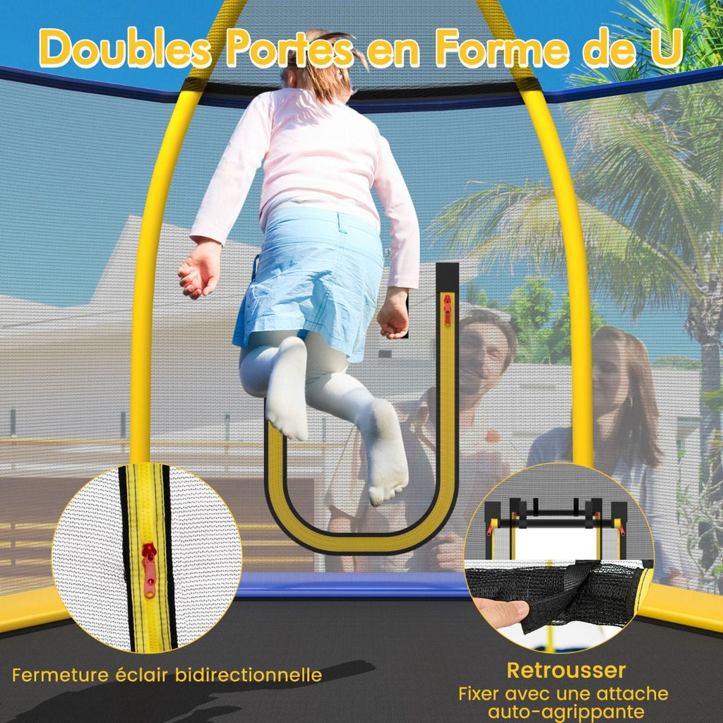 Trampoline Extérieur Ø 223cm avec Toboggan&Echelle avec Filet de Sécurité 2 Portes en U Charge 270kg pour 2-3 Enfants de 3 Ans+ Bleu/Vert -