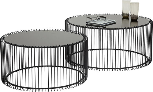 Kare Design Tables Basses Wire, Lot de 2, Noir, Rond, Acier, Plateau de Table en Verre, Diamètre 70/60cm, Style Moderne, Élégante, Table Basse Salon, Deco Intérieur, Décoration Chambre
