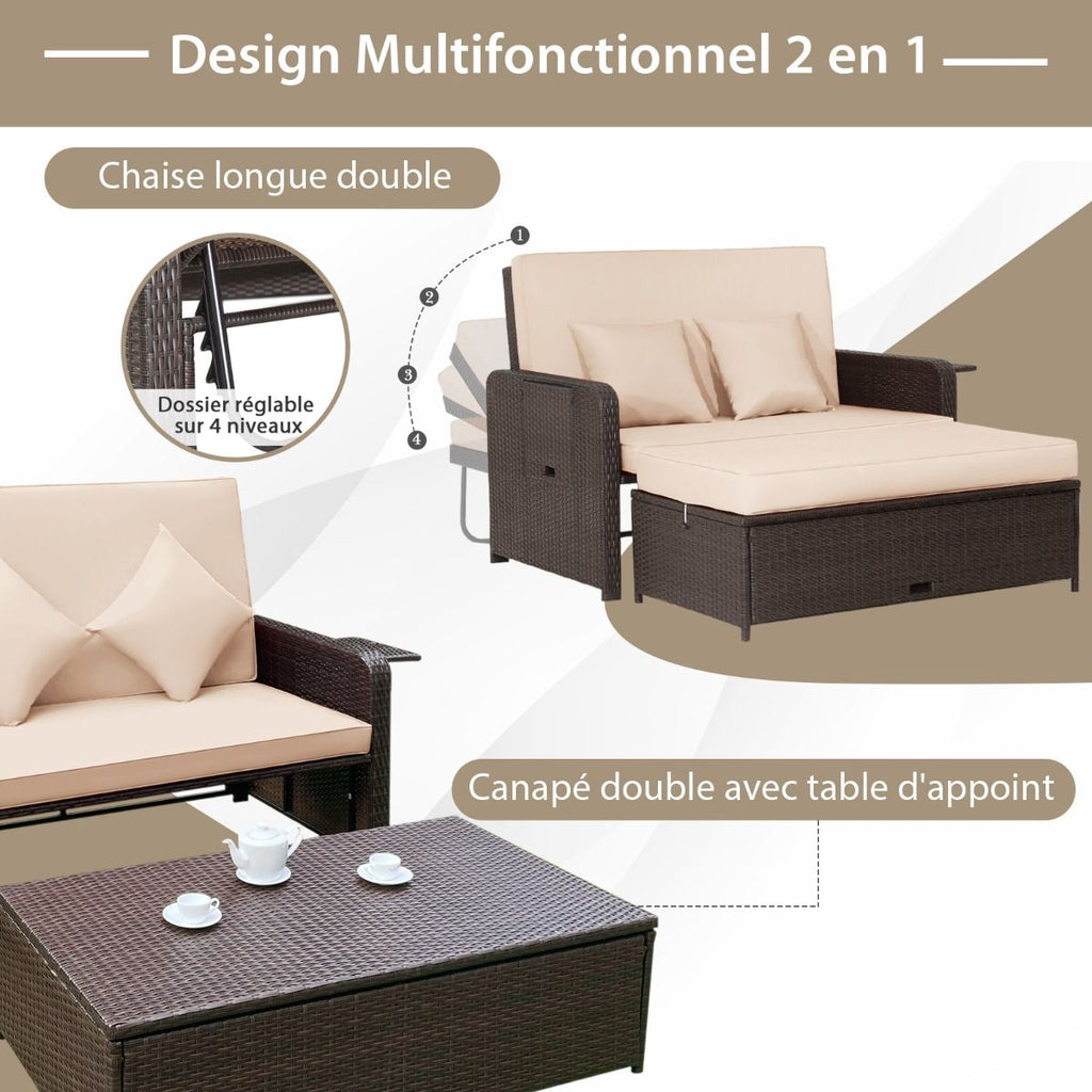 Salon de Jardin Extrieur Ajustable  Lit,2 Place avec Stockage Cach,Dossier Rglable  4 Niveaux en Rotin PE -