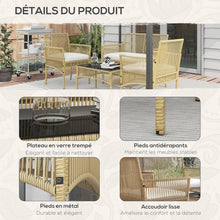 Load image into Gallery viewer, Outsunny Salon de Jardin extérieur 4 pièces canapé 2 Places + 2 fauteuils + 1 Table Basse Plateau Verre trempé Noir 3 Coussins d'assise - métal et résine tressée - Beige