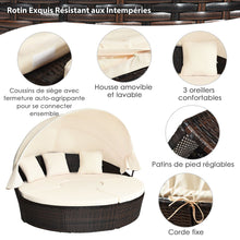 Load image into Gallery viewer, Lit de Jardin Rond d'Exterieur Table Relevable Modulable &amp; Convertible - Pare Soleil Réglable rotin PE Coussins Inclus Beige -