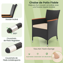 Load image into Gallery viewer, Salon de Jardin en Rotin 9 Pices Plateau de Table en Acacia Ensemble de Salle  Manger avec Coussins Amovibles Trou Charge 180KG Beige+Noir -