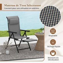 Load image into Gallery viewer, Lot de 2 Chaises Longues Pliantes et Inclinables Dossiers et Accoudoirs Réglables à 10 Niveaux Repose-Pied Rétractable Capacité 150 Kg Gris -