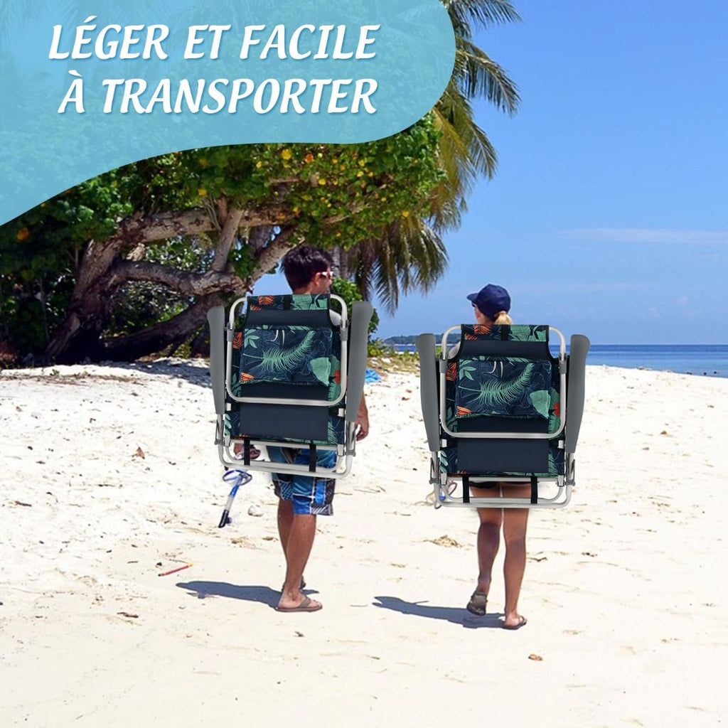 Lot de 2 Chaises de Camping Plage Pliante Table Enroulable en Aluminium Appui-tête Dossier Réglable à 5 Positions 6 Couleurs au Choix -