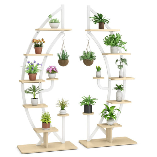 Lot de 2 tagres  Fleurs en Mtal  7 Niveaux Porte Plantes en Forme de Demi-lune avec Dispositif Anti-renversement 60 x 30 x 155 CM Blanc/Naturel -