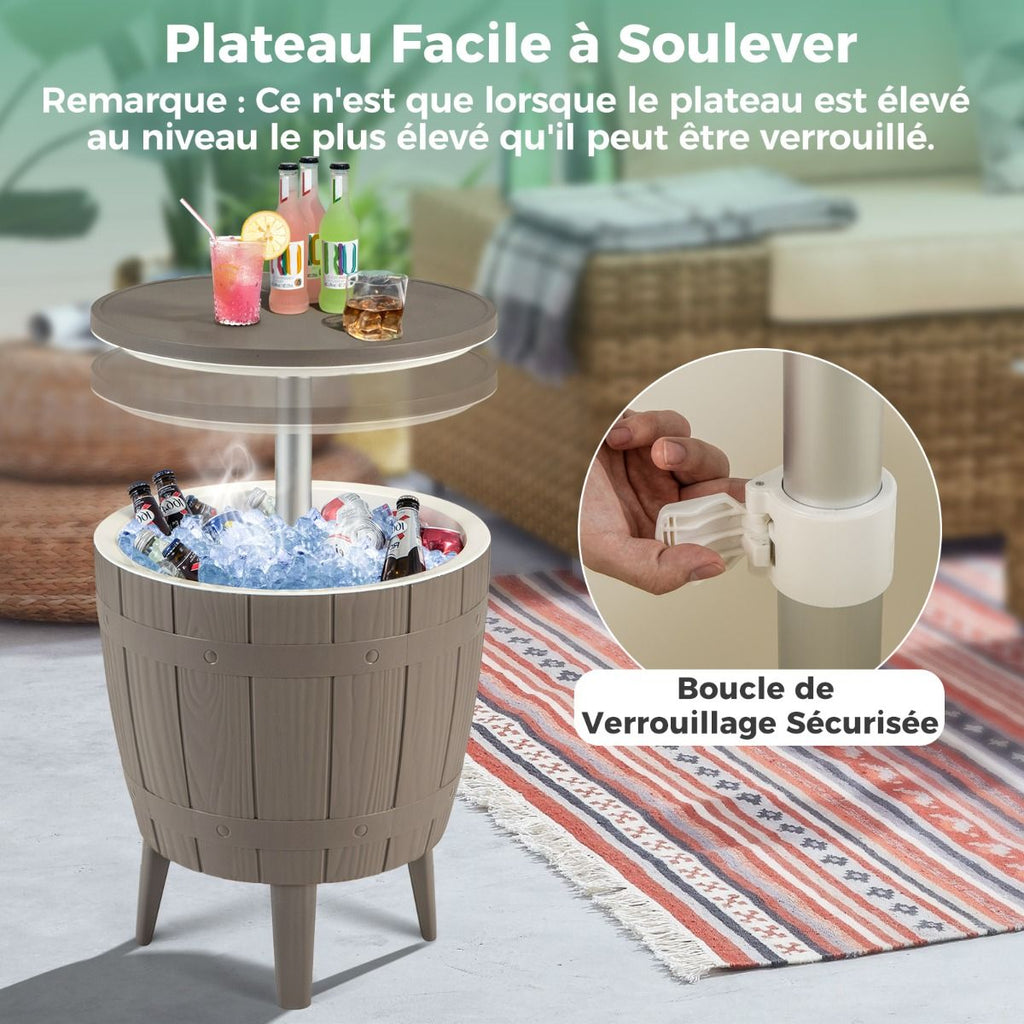 Table Glacière 37L pour Jardin 3 en 1 avec Plateau Télescopique Seau à Glace d'Extérieur pour Cocktails Bière Ø48x58/83cm Marron+Blanc -