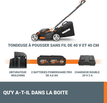 Load image into Gallery viewer, Pack Pro+ Tondeuse à Gazon 40V 460m² + Coupe-Bordures 20V + 2 Batteries 4Ah et 1 Batterie 2Ah + Chargeur Double et Chargeur Simple (Idéal pour l'Entretien du Jardin)
