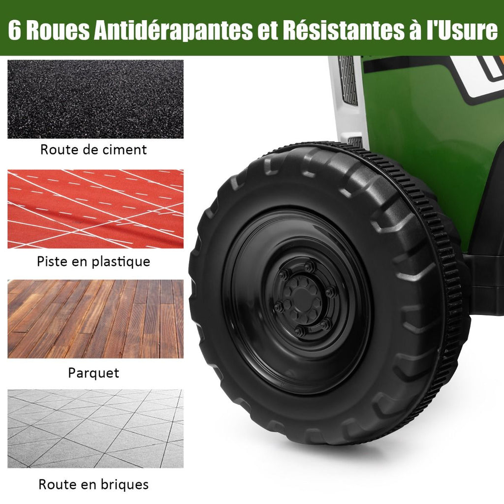 Tracteur Electrique avec Remorque pour Enfants 3 Vitesses Lumières LED Fonctions o USB et Bluetooth Jaune/Rose/Rouge/Vert/Vert Foncé/Noir -