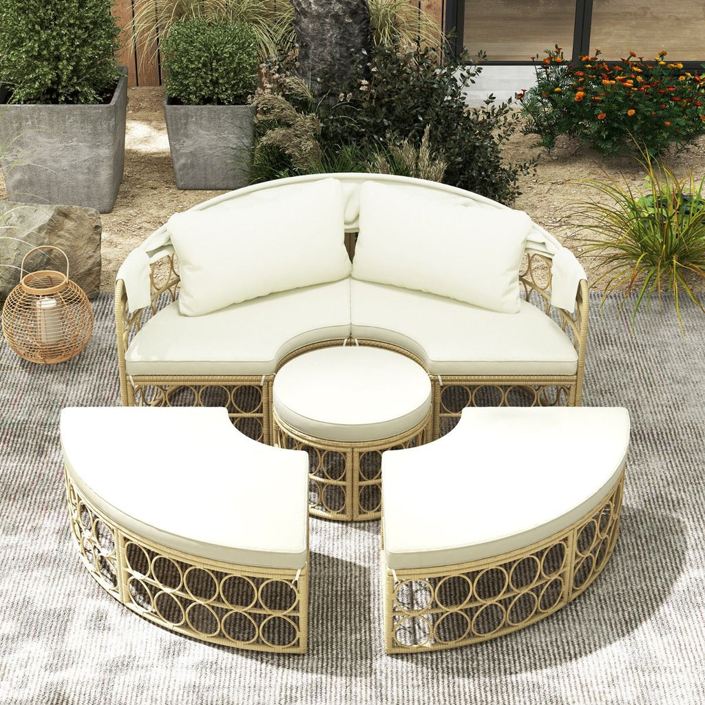 Lit de Repos Rond pour Patio avec Auvent Rtractable Ensemble de Sige Sectionnels Spars en Rotin PE avec Coussins Doux Blanc -